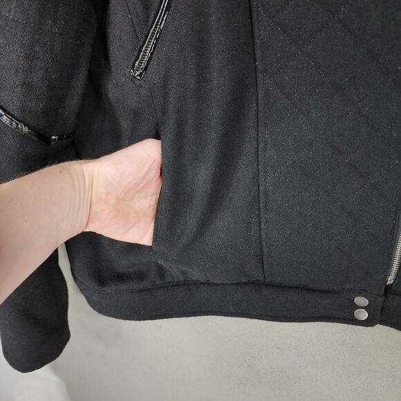 ASOS Quilted Moto Jacket 14 Women Black Bomber Wool Faux Leather Trim Biker READ - Picture 11 of 15